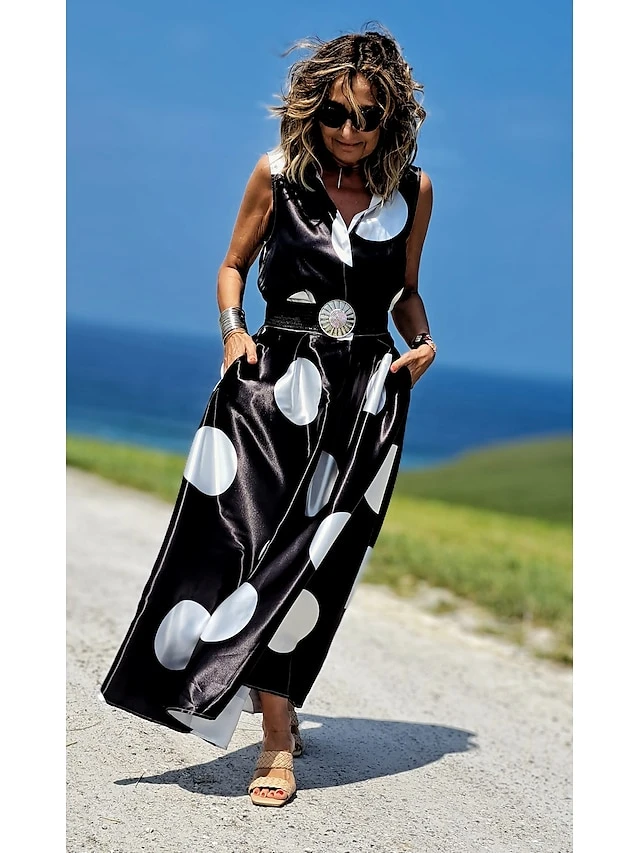 Women's Shirt Dress Casual Dress Swing Dress Maxi Long Dress Outdoor Office Daily Satin Fashion Modern Shirt Collar Button Pocket Sleeveless Summer Spring 2023 Regular Fit Black White Green Polka Dot 12 Women's Shirt Dress Casual Dress Swing Dress Maxi Long Dress Outdoor Office Daily Satin Fashion Modern Shirt Collar Button Pocket Sleeveless Summer Spring 2023 Regular Fit Black White Green Polka Dot - Image 12
