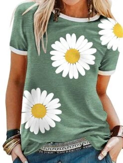 Women's T Shirt Tee Yellow Red Blue Floral Sunflower Daisy Short Sleeve Daily Round Neck Loose Fit Summer