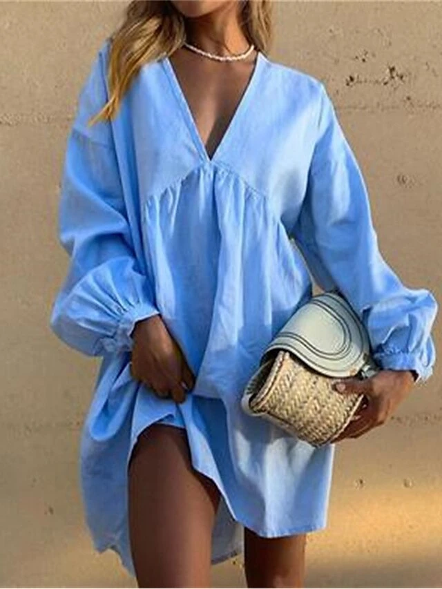 Women's Casual Dress Cotton Linen Dress Mini Dress Cotton Basic Classic Outdoor Daily Vacation V Neck Basic Long Sleeve Summer Spring Fall 2023 Loose Fit Yellow Red Blue Plain S M L XL 2XL 5 Women's Casual Dress Cotton Linen Dress Mini Dress Cotton Basic Classic Outdoor Daily Vacation V Neck Basic Long Sleeve Summer Spring Fall 2023 Loose Fit Yellow Red Blue Plain S M L XL 2XL - Image 5