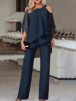 Jumpsuits For Women Dressy Solid Color Round Neck Business Party Office ElegantStraight Regular Fit Half Sleeve Cold Shoulder Navy Blue S M L Fall Summer