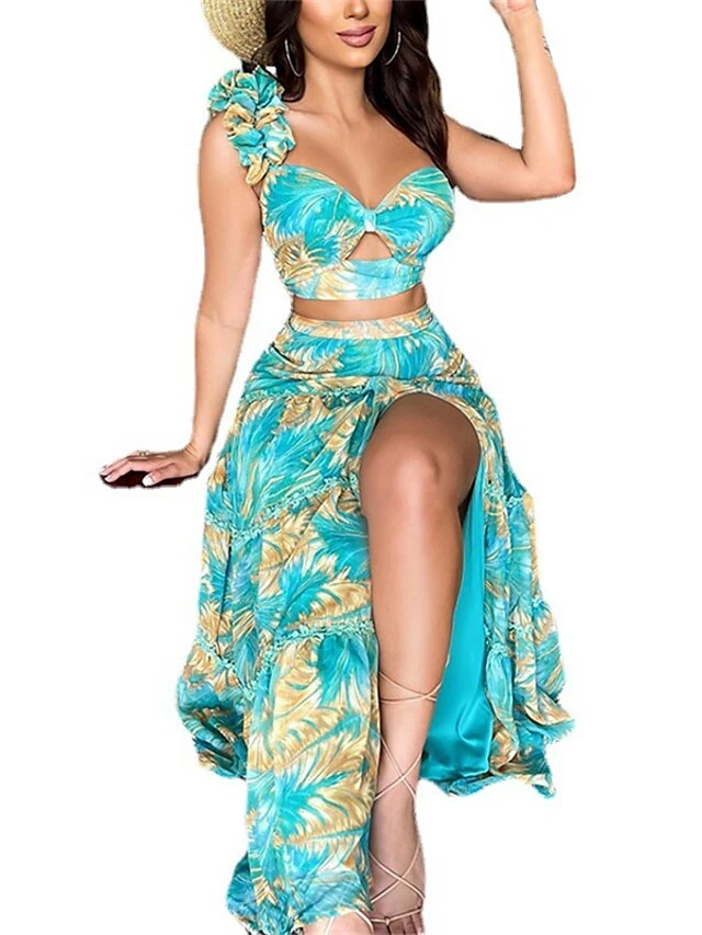 Women's Dress Set Two Piece Dress Skirt Set Long Dress Maxi Dress Green Sleeveless Floral Backless Summer Spring One Shoulder Stylish 2023 S M L XL 2 Women's Dress Set Two Piece Dress Skirt Set Long Dress Maxi Dress Green Sleeveless Floral Backless Summer Spring One Shoulder Stylish 2023 S M L XL - Image 2