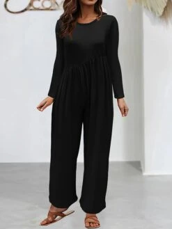 Women's Jumpsuit Pocket Solid Color Crew Neck Streetwear Street Daily Straight Regular Fit Long Sleeve Black Yellow Red S M L Fall -Cheap Plus Fit Dress Store hbofeq1692615945980
