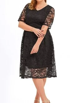 Women‘s Plus Size Curve Party Dress Lace Dress Cocktail Dress Midi Dress Black Pink Wine Half Sleeve Pure Color Lace Summer Spring Fall V Neck Fashion Birthday Wedding Guest Vacation 2023 -Cheap Plus Fit Dress Store hbwkfr1691564493079