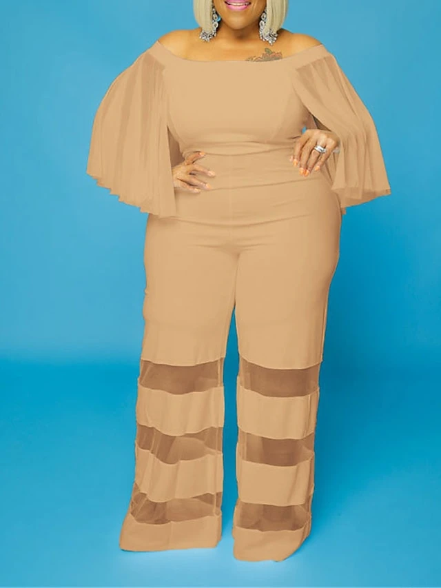 Women's Jumpsuit Mesh Patchwork Solid Color Off Shoulder Elegant Party Office Regular Fit 3/4 Length Sleeve Black Red Blue XL XXL 3XL Summer 14 Women's Jumpsuit Mesh Patchwork Solid Color Off Shoulder Elegant Party Office Regular Fit 3/4 Length Sleeve Black Red Blue XL XXL 3XL Summer - Image 14