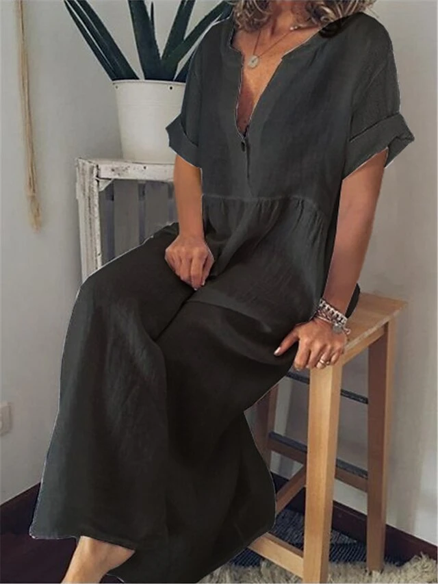 Women's Casual Dress Cotton Linen Dress Maxi Long Dress Cotton Blend Basic Classic Outdoor Daily Vacation Split Neck Button Short Sleeve Summer Spring 2023 Loose Fit Black White Blue Plain S M L XL 4 Women's Casual Dress Cotton Linen Dress Maxi Long Dress Cotton Blend Basic Classic Outdoor Daily Vacation Split Neck Button Short Sleeve Summer Spring 2023 Loose Fit Black White Blue Plain S M L XL - Image 4