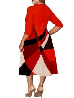 Women‘s Plus Size Curve Work Dress A Line Dress Stripe Midi Dress 3/4 Length Sleeve Print Crew Neck Elegant Office Red Fall Spring XL XXL 3XL 4XL 5XL -Cheap Plus Fit Dress Store hcvsgu1673001008589