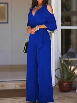 Jumpsuits For Women Summer Dressy Ruffle Cut Out Solid Color V Neck Business Office Work Regular Fit 3/4 Length Sleeve Black White Yellow S M L