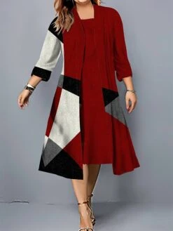 Women's Plus Size Curve Casual Dress Dress Set Two Piece Dress Geometric Color Block Midi Dress 3/4 Length Sleeve Print Crew Neck Fashion Outdoor Black Red Fall Winter L XL XXL 3XL 4XL