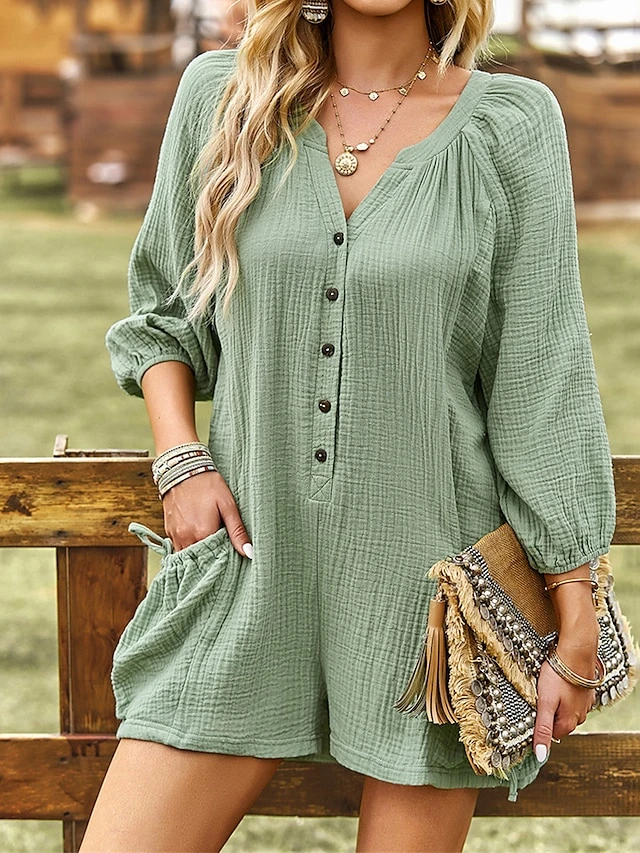 Women's Romper Button Pocket Solid Color V Neck Ordinary Daily Vacation Regular Fit Long Sleeve Pink Navy Blue Green S M L Summer 1 Women's Romper Button Pocket Solid Color V Neck Ordinary Daily Vacation Regular Fit Long Sleeve Pink Navy Blue Green S M L Summer