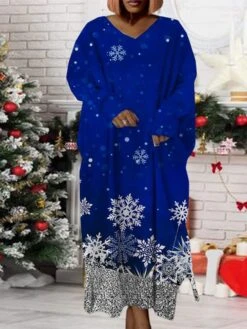 Women‘s Plus Size Christmas Dress Print V Neck Long Sleeve Winter Fall Modern Maxi Long Dress Daily Dress -Cheap Plus Fit Dress Store heagpk1668158946917