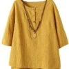 Women's Shirt Blouse Cotton Yellow Plain Button Long Sleeve Casual Basic Round Neck Regular Fit Spring &Fall