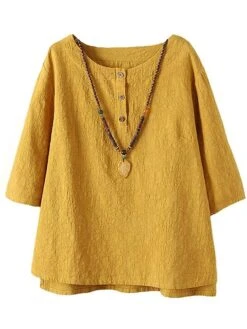 Women's Shirt Blouse Cotton Yellow Plain Button Long Sleeve Casual Basic Round Neck Regular Fit Spring &Fall
