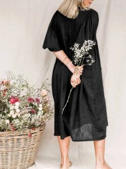 Women's Shirt Dress Casual Dress Midi Dress Outdoor Daily Date Cotton Basic Classic V Neck Ruched Long Sleeve Fall Winter 2023 Loose Fit Black Green Apricot Pure Color S M L XL -Cheap Plus Fit Dress Store hehjgw1695096316364