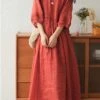 Women's Casual Dress Cotton Linen Dress Swing Dress Midi Dress Cotton Blend Basic Casual Outdoor Daily V Neck Ruched 3/4 Length Sleeve Summer Spring 2023 Loose Fit Black White Yellow Pure Color M L