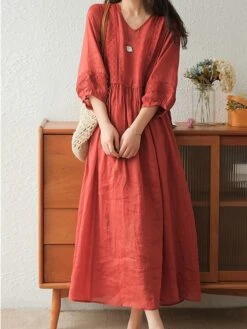 Women's Casual Dress Cotton Linen Dress Swing Dress Midi Dress Cotton Blend Basic Casual Outdoor Daily V Neck Ruched 3/4 Length Sleeve Summer Spring 2023 Loose Fit Black White Yellow Pure Color M L