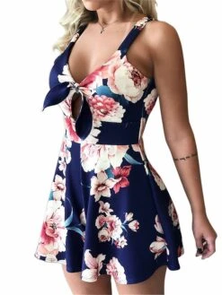 Women's Romper Lace Up Cut Out Floral V Neck Streetwear Street Daily Regular Fit Strap Pink Navy Blue Blue S M L Summer -Cheap Plus Fit Dress Store hfrvzm1680073077276