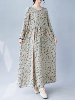 Women's Casual Dress Linen Dress Swing Dress Maxi Long Dress Linen Fashion Modern Outdoor Daily Holiday Crew Neck Print Long Sleeve Fall Winter Autumn 2023 Loose Fit Apricot Flower L XL 2XL -Cheap Plus Fit Dress Store hfuath1693553170150