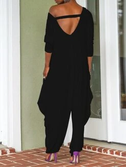 Women's Jumpsuit Backless Solid Color V Neck Streetwear Street Going Out Casual Regular Fit 3/4 Length Sleeve Black White S M L Summer -Cheap Plus Fit Dress Store hfwydm1684490363138