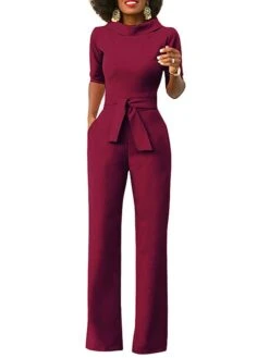 Jumpsuits For Women Summer Dressy Clean Fit Pocket High Waist Solid Color Stand Collar Business Office Work Regular Fit Half Sleeve Black White Yellow S M L -Cheap Plus Fit Dress Store hfyziq1681106736831