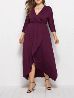 Women's Plus Size Work Dress Black Dress A Line Dress Fashion Long Dress Maxi Dress Ruched V Neck Long Sleeve Plain Loose Fit Black Wine Dark Green Fall XL XXL 3XL 4XL