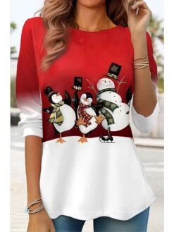 Women's T Shirt Tee Christmas Shirt Red Blue Green Snowman Print Long Sleeve Party Christmas Weekend Festival / Holiday Round Neck Regular Fit Painting Spring &Fall