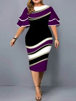 Women‘s Plus Size Curve Work Dress Bodycon Sheath Dress Color Block Midi Dress Half Sleeve Ruffle Crew Neck Fashion Outdoor Wine Red Fall Spring XL XXL 3XL 4XL 5XL -Cheap Plus Fit Dress Store hgmaan1673251735500
