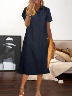 Women's Casual Dress Cotton Linen Dress Midi Dress Polyester Casual Daily Casual Outdoor Home Holiday Shirt Collar Pocket Short Sleeve Summer Spring 2023 Loose Fit Navy Blue Purple Brown Plain M L XL 19 Women's Casual Dress Cotton Linen Dress Midi Dress Polyester Casual Daily Casual Outdoor Home Holiday Shirt Collar Pocket Short Sleeve Summer Spring 2023 Loose Fit Navy Blue Purple Brown Plain M L XL -Cheap Plus Fit Dress Store hgorkt1689824668030