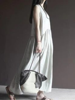 Women's Casual Dress Cotton Linen Dress Swing Dress Maxi Long Dress Cotton Blend Basic Casual Outdoor Vacation V Neck Pocket Sleeveless Summer Spring 2023 Regular Fit Navy Blue Apricot Pure Color M L -Cheap Plus Fit Dress Store hgtvtu1677135424747