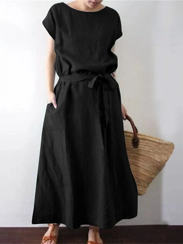 Women's Casual Dress Cotton Linen Dress Swing Dress Maxi Long Dress Cotton Blend Casual Boho Outdoor Daily Holiday Boat Neck Lace Up Pocket Short Sleeve Summer Spring 2023 Loose Fit Black Green Dark 2 Women's Casual Dress Cotton Linen Dress Swing Dress Maxi Long Dress Cotton Blend Casual Boho Outdoor Daily Holiday Boat Neck Lace Up Pocket Short Sleeve Summer Spring 2023 Loose Fit Black Green Dark - Image 2