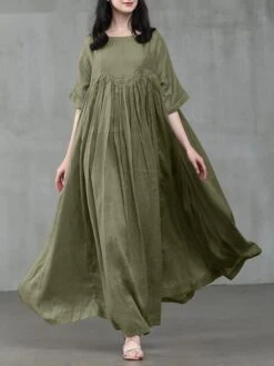 Women's Casual Dress Cotton Linen Dress Swing Dress Long Dress Maxi Dress Black Pink Green Short Sleeve Pure Color Ruched Spring Fall Autumn Crew Neck Elegant Vacation Loose Fit 2022 S M L XL XXL 3XL -Cheap Plus Fit Dress Store hhsopv1629970907768