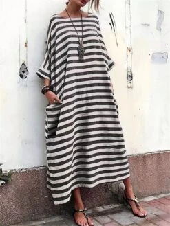 Women's Cotton Linen Dress Casual Dress Maxi Long Dress Linen Cotton Blend Casual Outdoor Daily Crew Neck Print Long Sleeve Summer Spring Fall 2023 Loose Fit Black Gray Striped S M L XL 2XL -Cheap Plus Fit Dress Store hicevf1672828238167