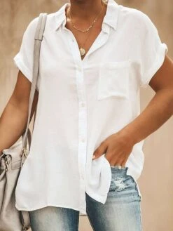 Women's Shirt Blouse Cotton White Yellow Pink Plain Pocket Short Sleeve Work Daily Vacation Basic Shirt Collar Regular Fit Summer Spring