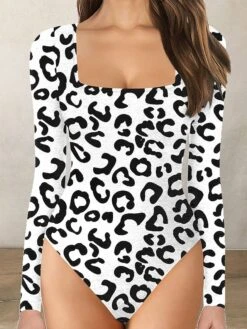 Women's Bodysuit Print Leopard Square Neck Active Daily Holiday Regular Fit Long Sleeve Picture Color 1 Picture Color 2 Picture Color 3 S M L Fall -Cheap Plus Fit Dress Store himcze1697521346698