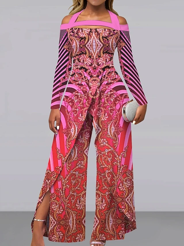 Women‘s Jumpsuit Floral Print Striped Off Shoulder Active Wedding Party Wide Leg Regular Fit Long Sleeve Purple Fuchsia Light Blue S M L All Seasons 1 Women‘s Jumpsuit Floral Print Striped Off Shoulder Active Wedding Party Wide Leg Regular Fit Long Sleeve Purple Fuchsia Light Blue S M L All Seasons