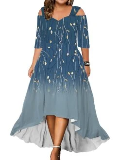 Women‘s Plus Size Curve Party Dress Wedding Guest Dress Swing Dress Long Dress Maxi Dress Black Blue Purple 3/4 Length Sleeve Floral Cold Shoulder Summer Spring Fall V Neck Fashion Birthday -Cheap Plus Fit Dress Store hinfzh1690428448248