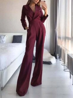 Women's Jumpsuit For Special Occasions Pocket High Waist Solid Color V Neck Streetwear Office Work Regular Fit Long Sleeve Black White Wine S M L Summer -Cheap Plus Fit Dress Store hjdjbx1680576943554