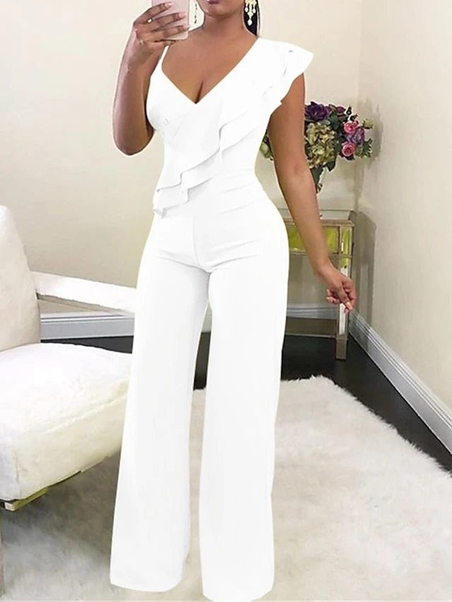 Women's Jumpsuit Ruffle Backless Solid Color One Shoulder Elegant Party Homecoming Wide Leg Regular Fit Sleeveless Wine Army Green White S M L Spring 3 Women's Jumpsuit Ruffle Backless Solid Color One Shoulder Elegant Party Homecoming Wide Leg Regular Fit Sleeveless Wine Army Green White S M L Spring - Image 3