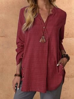 Women's Shirt Blouse Cotton Red Plaid Button Print Long Sleeve Casual Fashion V Neck Regular Fit Spring &Fall
