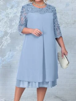 Women's Plus Size Curve Party Dress Lace Dress Cocktail Dress Midi Dress Pink Dark Blue Light Blue 3/4 Length Sleeve Floral Lace Spring Fall Winter Crew Neck Fashion Birthday Wedding Guest -Cheap Plus Fit Dress Store hjqyja1691648005198
