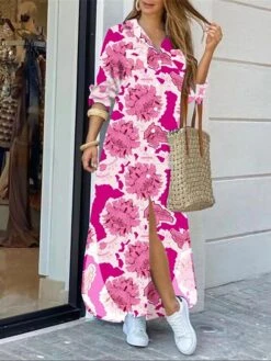 Women's Shirt Dress Casual Dress Maxi Long Dress Outdoor Daily Polyester Fashion Hot Shirt Collar Button Split Long Sleeve Summer Spring Fall 2023 Regular Fit Light Pink Pink Wine Floral Geometric S -Cheap Plus Fit Dress Store hkbsfo1689055232594