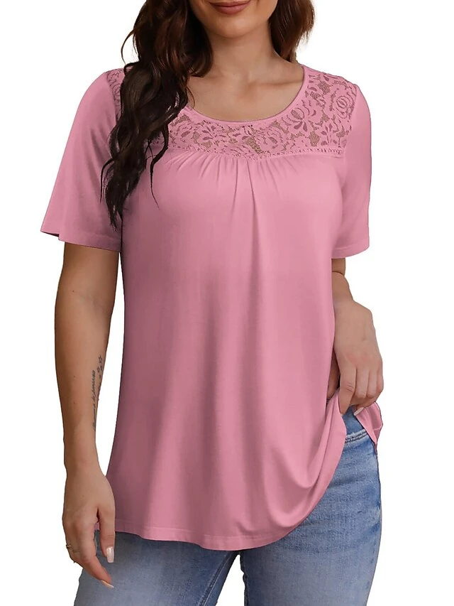 Women's Shirt Blouse Cotton Black Yellow Pink Plain Lace Short Sleeve Casual Basic Round Neck Regular Fit 4 Women's Shirt Blouse Cotton Black Yellow Pink Plain Lace Short Sleeve Casual Basic Round Neck Regular Fit - Image 4