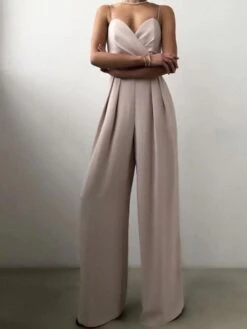 Jumpsuits For Women Sexy Party Elegant Wedding Holiday V Neck Strap Green White Black Solid Color Layered Zipper Patchwork / Wide Leg Fall