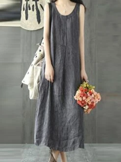 Women's Casual Dress Cotton Linen Dress Shift Dress Maxi Long Dress Cotton Blend Casual Daily Holiday Vacation Crew Neck Pocket Cold Shoulder Sleeveless Summer Spring 2023 Regular Fit Black Gray Pure -Cheap Plus Fit Dress Store hkiijg1679376653737