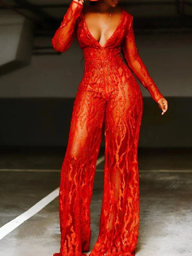 Women‘s Jumpsuit Sparkly Lace Sequin Solid Color Deep V Ordinary Wedding Party Weekend Wide Leg Bodycon Long Sleeve Illusion Sleeve Red 3XL All Seasons 2 Women‘s Jumpsuit Sparkly Lace Sequin Solid Color Deep V Ordinary Wedding Party Weekend Wide Leg Bodycon Long Sleeve Illusion Sleeve Red 3XL All Seasons - Image 2