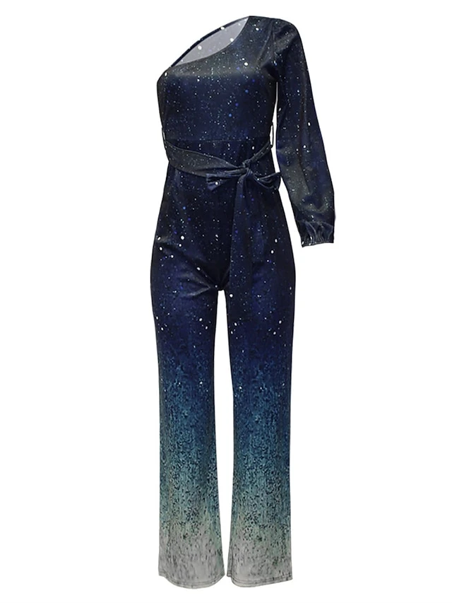 Women's Jumpsuit Lace Up Backless Gradient One Shoulder Streetwear Wedding Party Regular Fit Long Sleeve Blue S M L Summer 2 Women's Jumpsuit Lace Up Backless Gradient One Shoulder Streetwear Wedding Party Regular Fit Long Sleeve Blue S M L Summer - Image 2