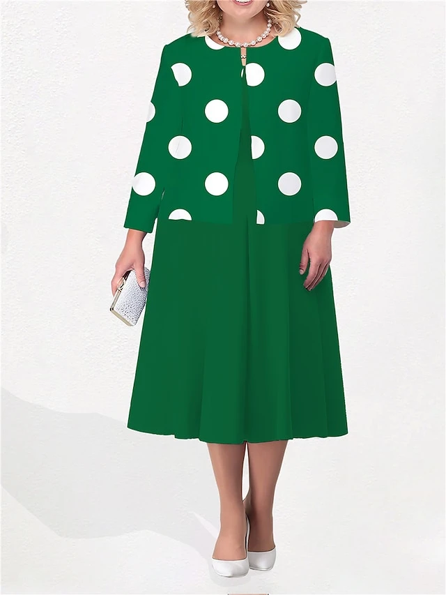 Women's Plus Size Curve Two Piece Dress Set Casual Dress Print Dress Outdoor Office Fashion Streetwear Print Midi Dress Crew Neck Long Sleeve Polka Dot White Yellow Fuchsia Fall Winter L XL XXL 2 Women's Plus Size Curve Two Piece Dress Set Casual Dress Print Dress Outdoor Office Fashion Streetwear Print Midi Dress Crew Neck Long Sleeve Polka Dot White Yellow Fuchsia Fall Winter L XL XXL - Image 2