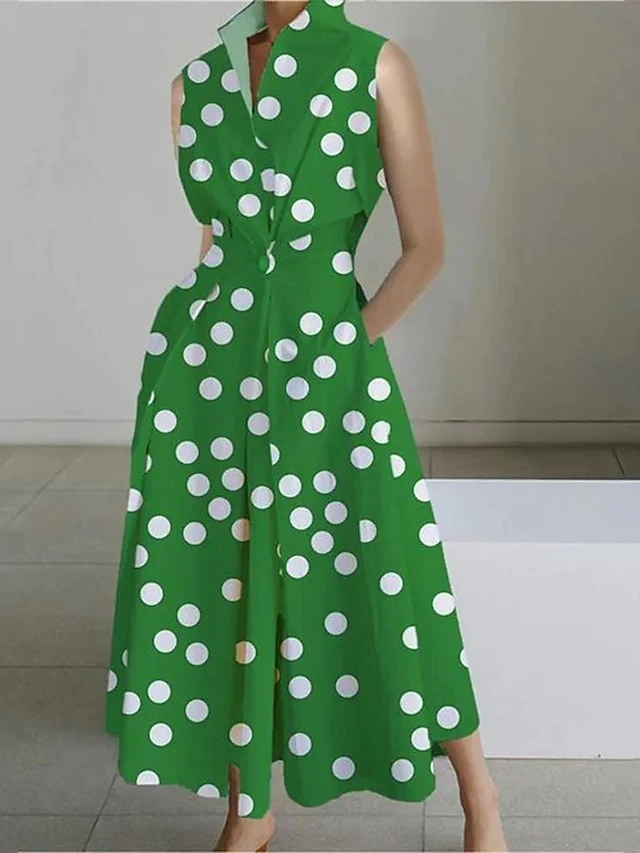 Women's Shirt Dress Casual Dress Swing Dress Maxi Long Dress Outdoor Office Daily Satin Fashion Modern Shirt Collar Button Pocket Sleeveless Summer Spring 2023 Regular Fit Black White Green Polka Dot 5 Women's Shirt Dress Casual Dress Swing Dress Maxi Long Dress Outdoor Office Daily Satin Fashion Modern Shirt Collar Button Pocket Sleeveless Summer Spring 2023 Regular Fit Black White Green Polka Dot - Image 5