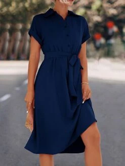 Women's Shirt Dress Casual Dress Midi Dress Outdoor Daily Date Polyester Casual Classic Shirt Collar Lace Up Ruched Short Sleeve Summer Spring 2023 Loose Fit Black Blue Rose Red Plain S M L XL -Cheap Plus Fit Dress Store hlcoxc1677739299446