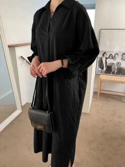 Women's Shirt Dress Casual Dress Cotton Linen Dress Maxi Long Dress Linen / Cotton Blend Basic Classic Outdoor Daily Vacation Shirt Collar Button Split Long Sleeve Spring Fall Autumn 2023 Loose Fit -Cheap Plus Fit Dress Store hlysby1692084357855