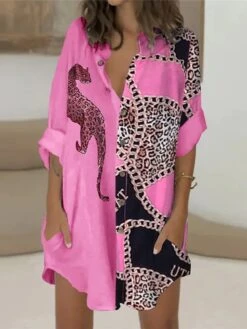 Women's Shirt Dress Casual Dress Mini Dress Winter Dress Daily Holiday Polyester Casual Shirt Collar Button Pocket Long Sleeve Summer Spring Fall 2022 Loose Fit White Pink Blue Leopard Floral -Cheap Plus Fit Dress Store hlyzzq1628230800769
